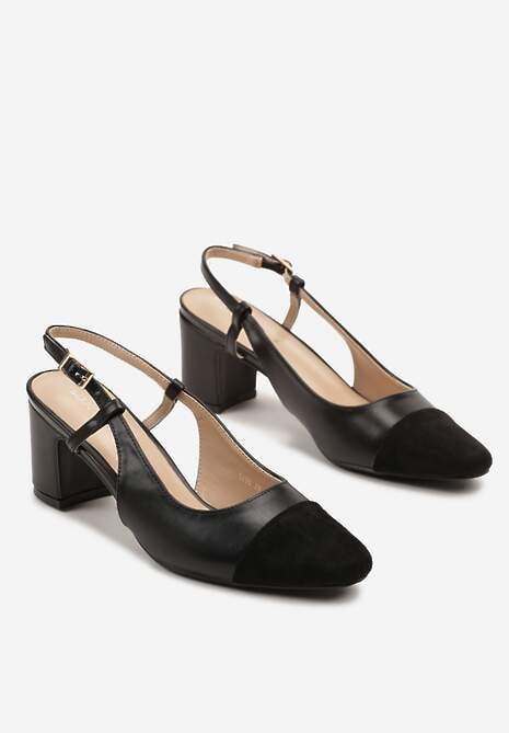 Czarne Sandały ma Kwadratowym Słupku ze Sprzączką i Noskiem z Detalem Tuvea