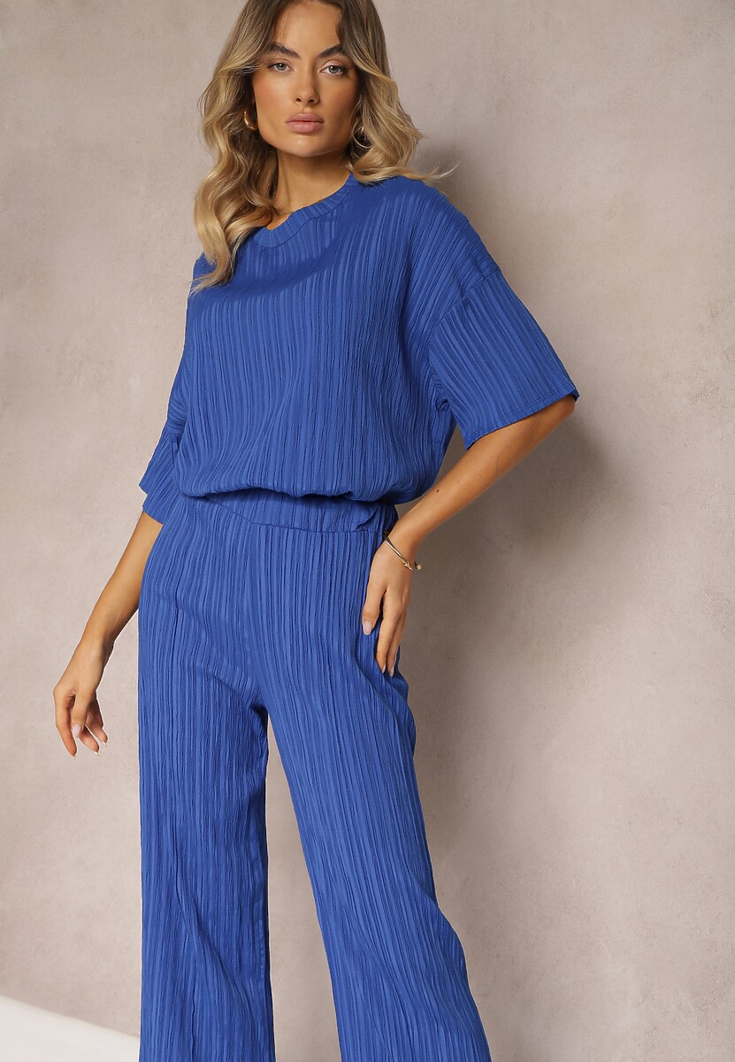 Niebieski Oversizowy Komplet z Wiskozą Luźna Bluzka i Proste Spodnie Varlivia