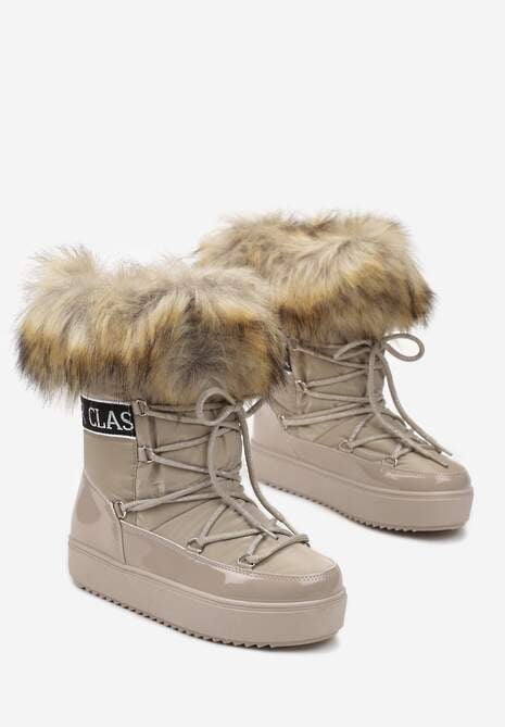 Ciemnobeżowe Sznurowane Śniegowce na Platformie z Ozdobnym Futerkiem i Napisem Bressi