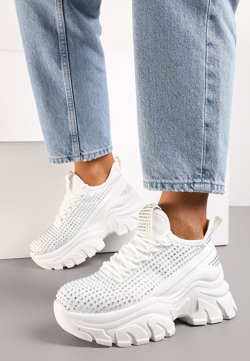 Białe Sneakersy na Platformie z Cholewką z Cyrkoniami Harilena