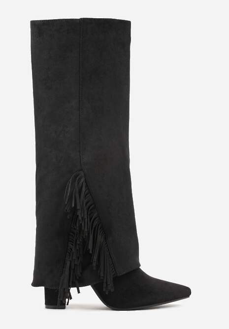 Czarne Kozaki na Słupkowym Obcasie z Cholewką Imitującą Nogawkę z Frędzlami Linafela