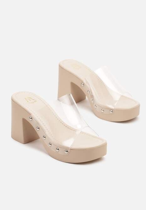 Beżowe Transparentne Klapki na Obcasie i Platformie z Nitami Rivfia