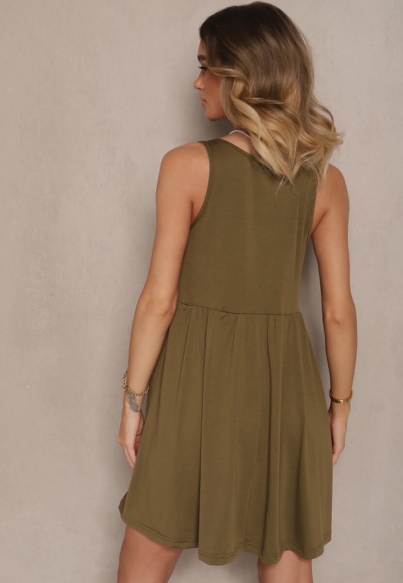 Ciemnozielona Rozkloszowana Sukienka na Szerokich Ramiączkach Zdobiona Guzikami Jenandria