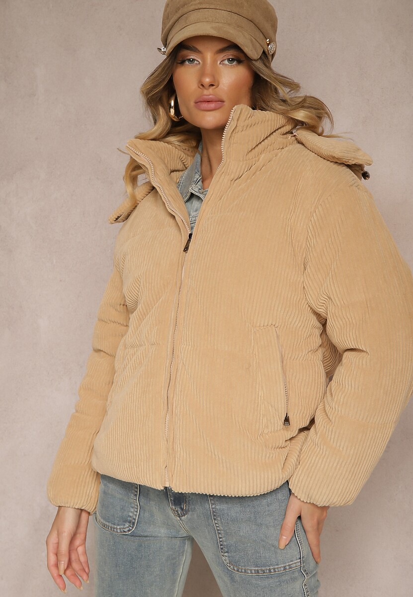 Beżowa Puchowa Kurtka Sztruksowa z Kapturem z Możliwością Odpięcia Sinrielle