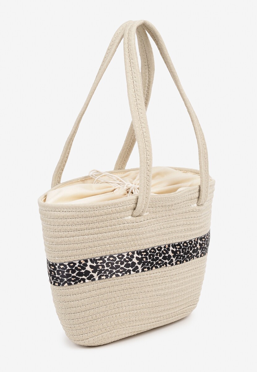 Beżowa Bawełniana Torebka z Paskiem w Panterkę Feluseria