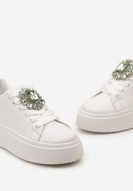 Biało-Zielone Sneakersy na Grubej Podeszwie z Ozdobną Aplikacją Kamienia  Danthia