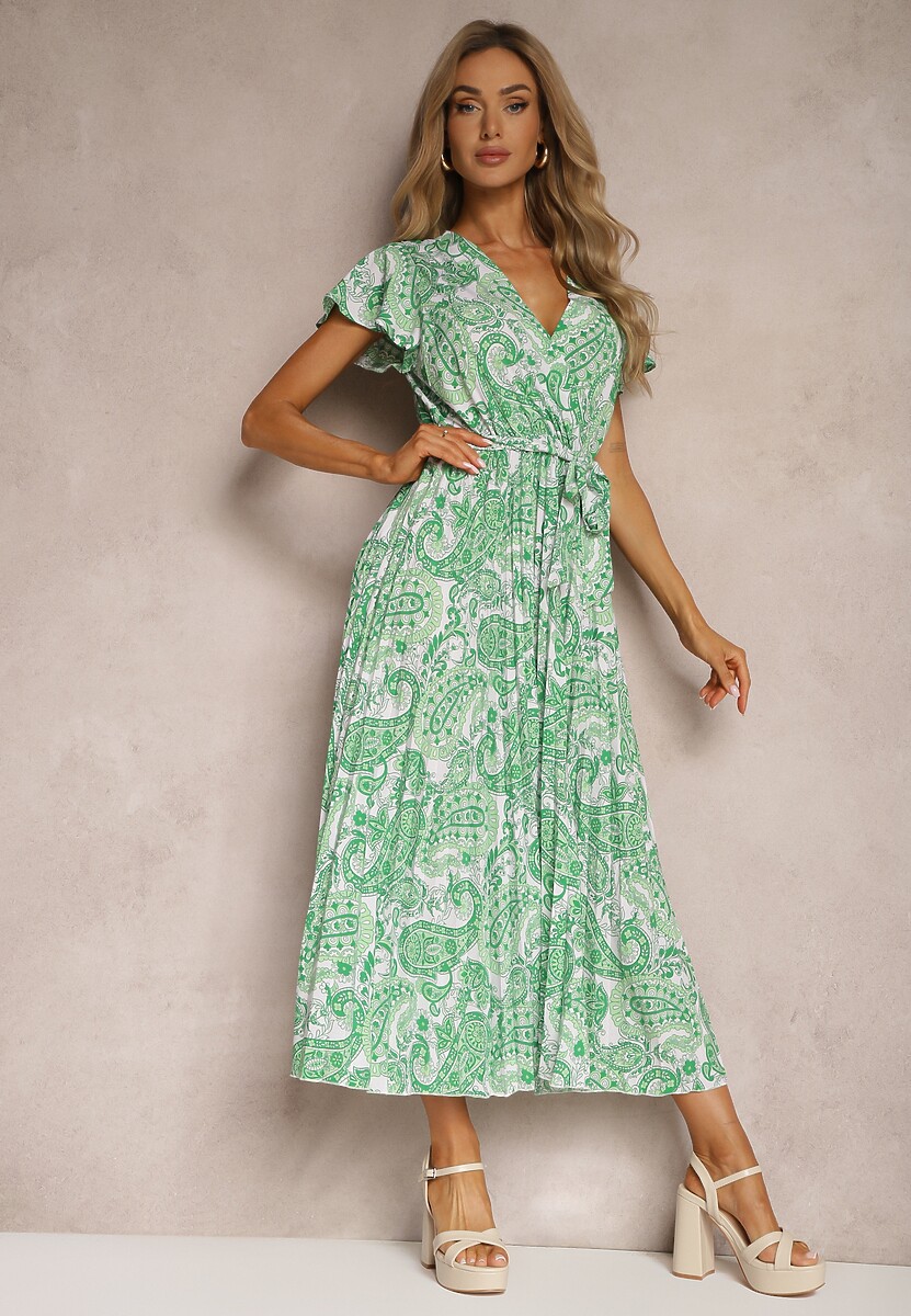 Zielona Rozkloszowana Sukienka z Trójkątnym Dekoltem z Materiałowym Paskiem i Gumką w Talii Carimi