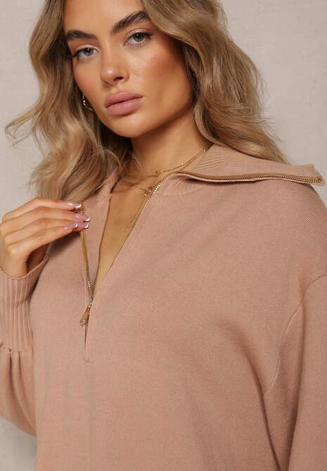 Beżowa Dzianinowa Sukienka Mini z Suwakiem i Golfem Tisari