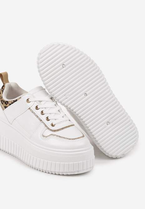 Biało-Brązowe Sznurowane Sneakersy na Platformie Ozdobione Panterką Ivenora