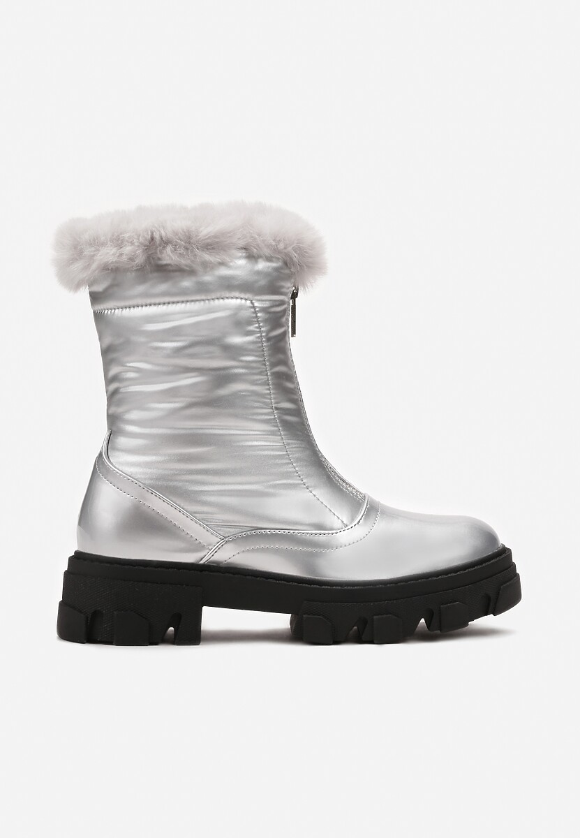 Srebrne Śniegowce z Lakierowanej Ekoskóry z Suwakiem i Futerkiem Cyrena
