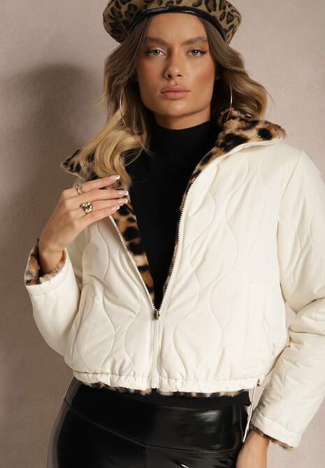 Beżowa Pikowana Kurtka Puffer Dwustronna z Futerkiem w Panterkowy Wzór Tinnathra