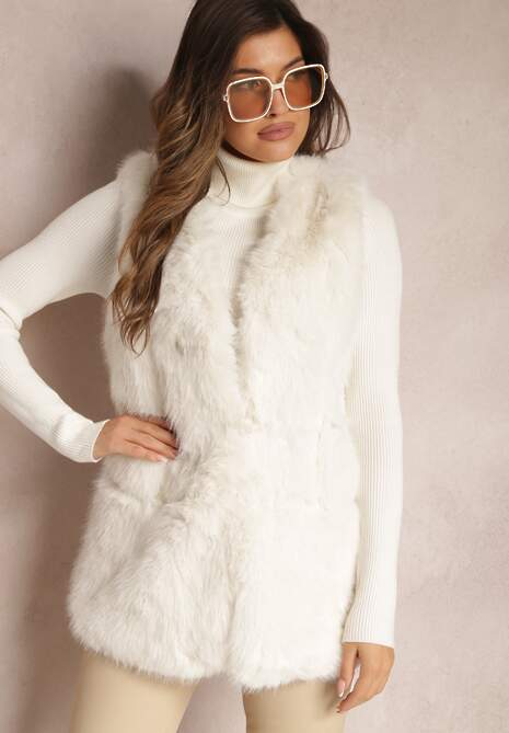 Biała Puchata Kamizelka z Futerka Ozdobiona Imitacją Skóry Tekllesa