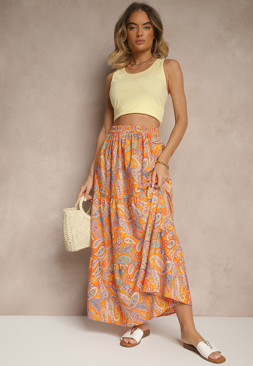 Pomarańczowa Spódnica Rozkloszowana High Waist z Motywem Paisley Nevolissa