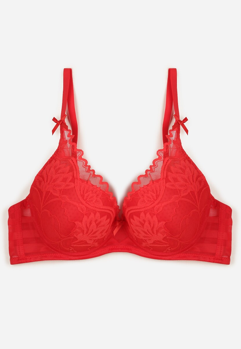 Czerwony Biustonosz Zdobiony Koronką i Kokardami Morgavia