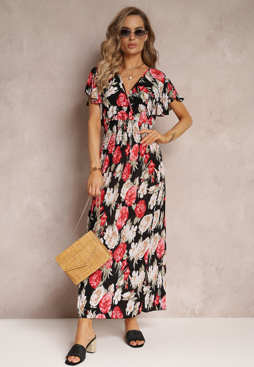 Czarno-Czerwona Kopertowa Sukienka Maxi w Kwiaty z Gumką w Talii Jazzly