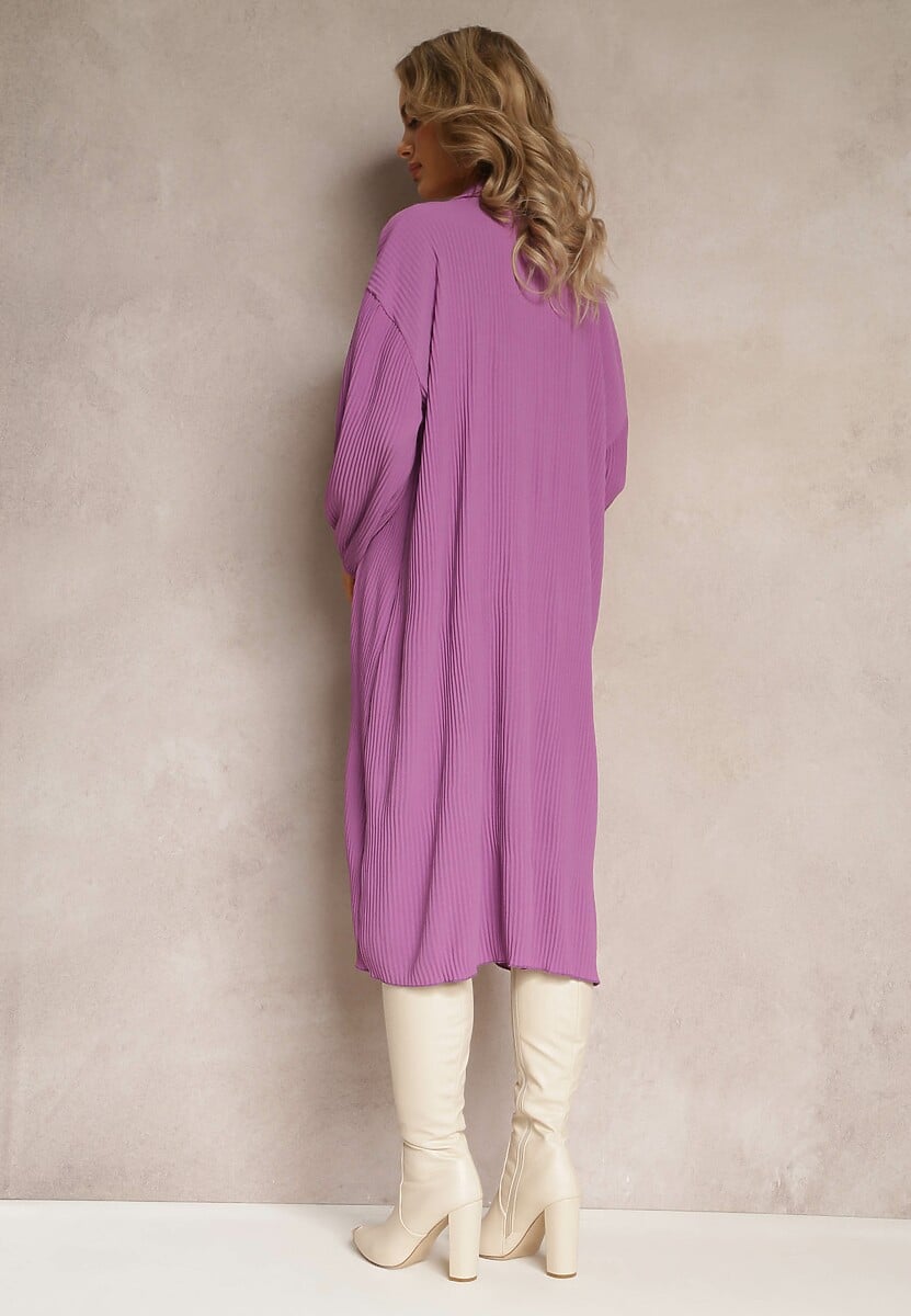 Fioletowa Plisowana Sukienka Midi z Kołnierzem i Guzikami Danitza