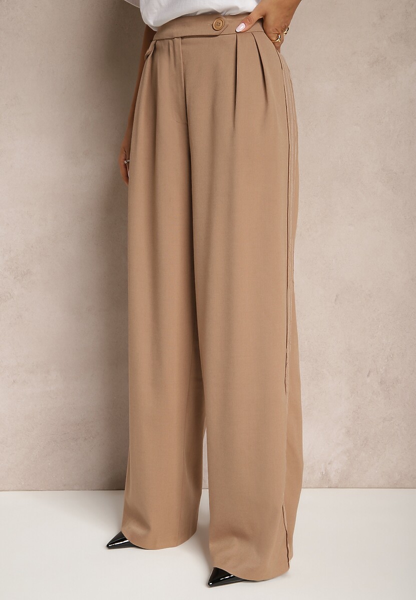 Ciemnobeżowe Spodnie z Wiskozą o Szerokim Kroju z Imitacją Kieszeni Zinnithria
