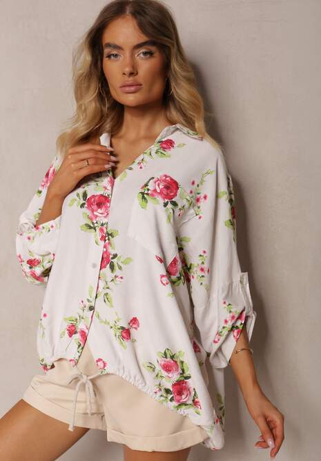 Biało-Różowa Wiskozowa Koszula Ściągana na Dole o Kwiatowym Wzorze Tinovis