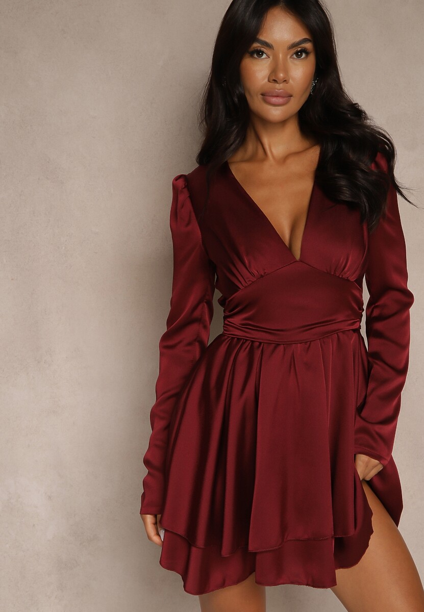 Bordowa Satynowa Sukienka Mini z Falbankami i Paskiem z Tyłu w Talii Catriona