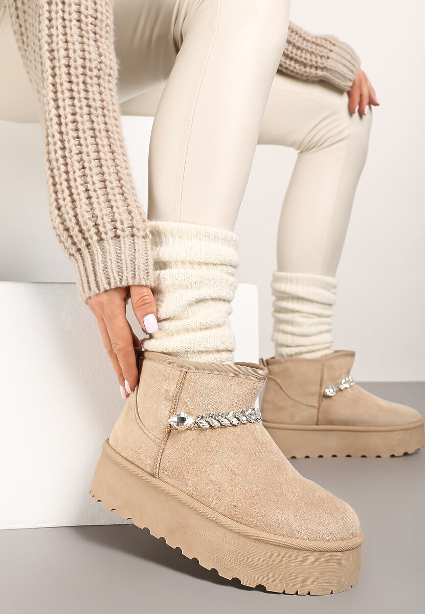 Czarne Śniegowce na Grubej Podeszwie z Ekozamszu Ozdobione Cyrkoniowym Łańcuszkiem Ninnalith