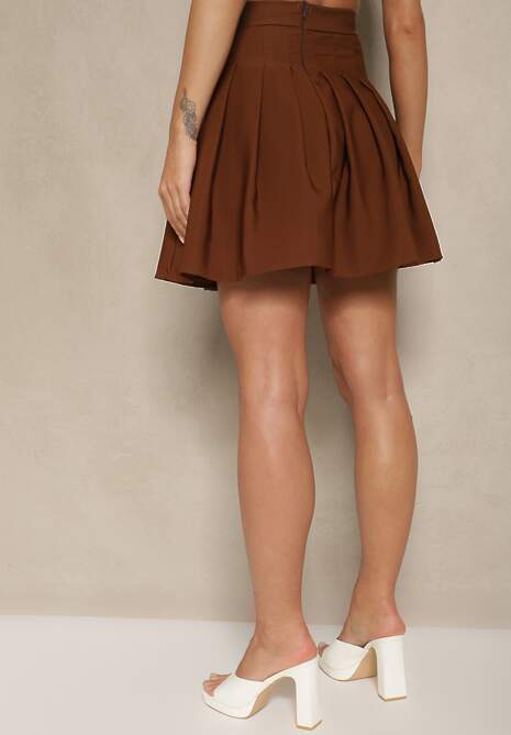 Brązowa Rozkloszowana Spódnica Mini z Zakładkami Plainnet