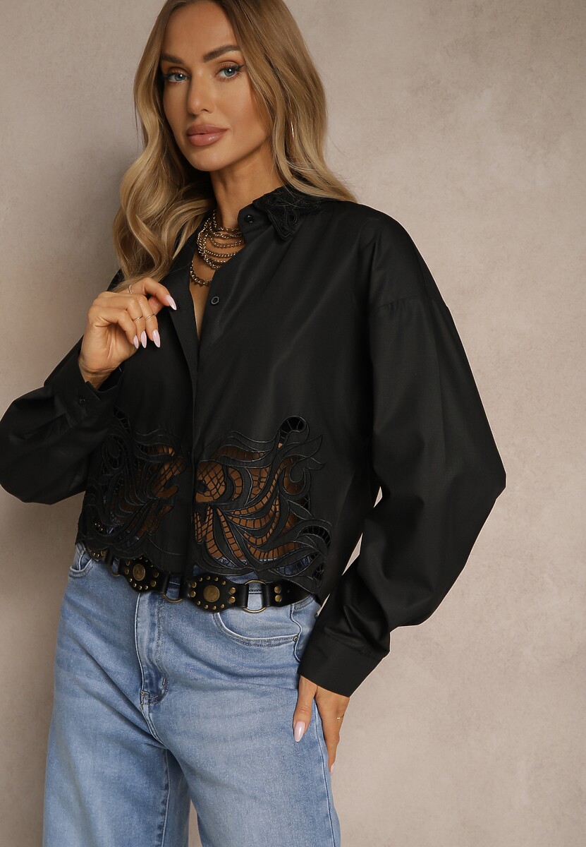 Biała Koszula Oversize z Wiskozą o Krótkim Kroju z Ażurowymi Zdobieniami Dorbia