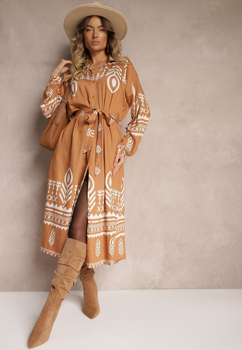 Brązowa Koszulowa Sukienka z Wiskozą w Azteckie Wzory Averisa