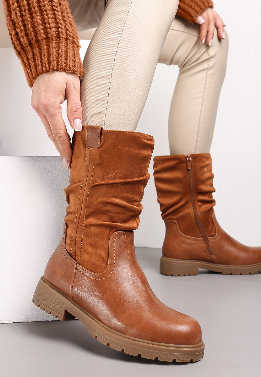 Brązowe Botki za Kostkę z Marszczoną Cholewką Sabaria