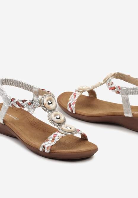 Srebrne Sandały w Stylu Boho Ozdobione Plecionymi Paskami i Kryształkami Wiatrixa