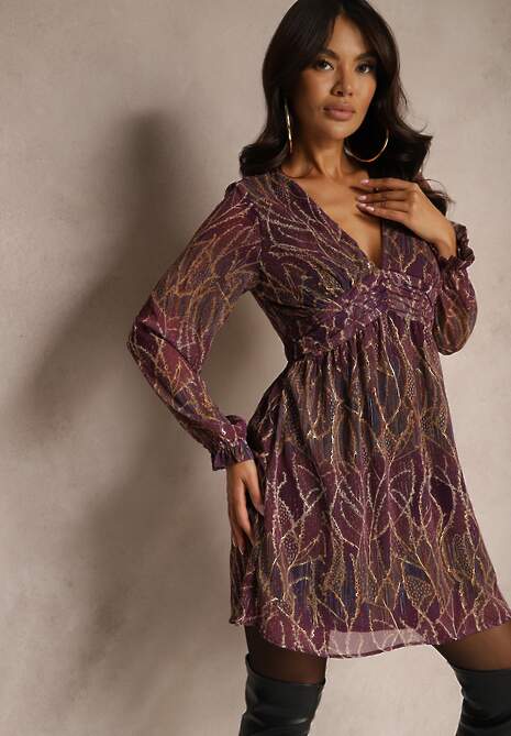 Fioletowa Sukienka z Transparentnego Materiału o Rozkloszowanym Kroju z Falbanami Evadira