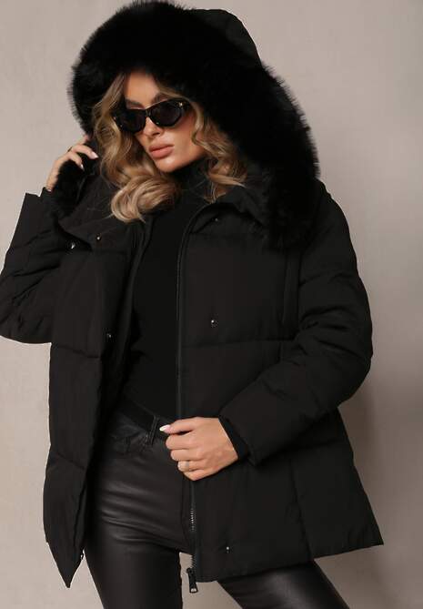 Czarna Wiązana Kurtka z Pikowaniem i Kapturem z Futerkiem Elinerra