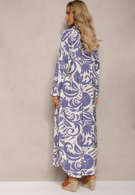 Biało-Fioletowa Rozkloszowana Sukienka w Kroju Szmizjerki z Zapięciem na Guziki i Falbanką Kelloena