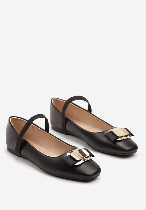 Czarne Balerinki Zdobione Biżuteryjną Aplikacją i Elastycznym Paskiem Inirea