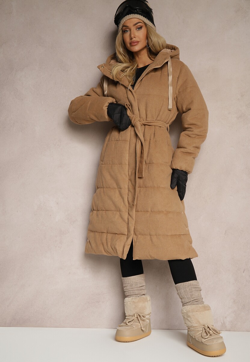 Beżowa Kurtka z Kapturem Paskiem i Rozcięciami na Napy Zdobiona Pikowanymi Przeszyciami Semandira