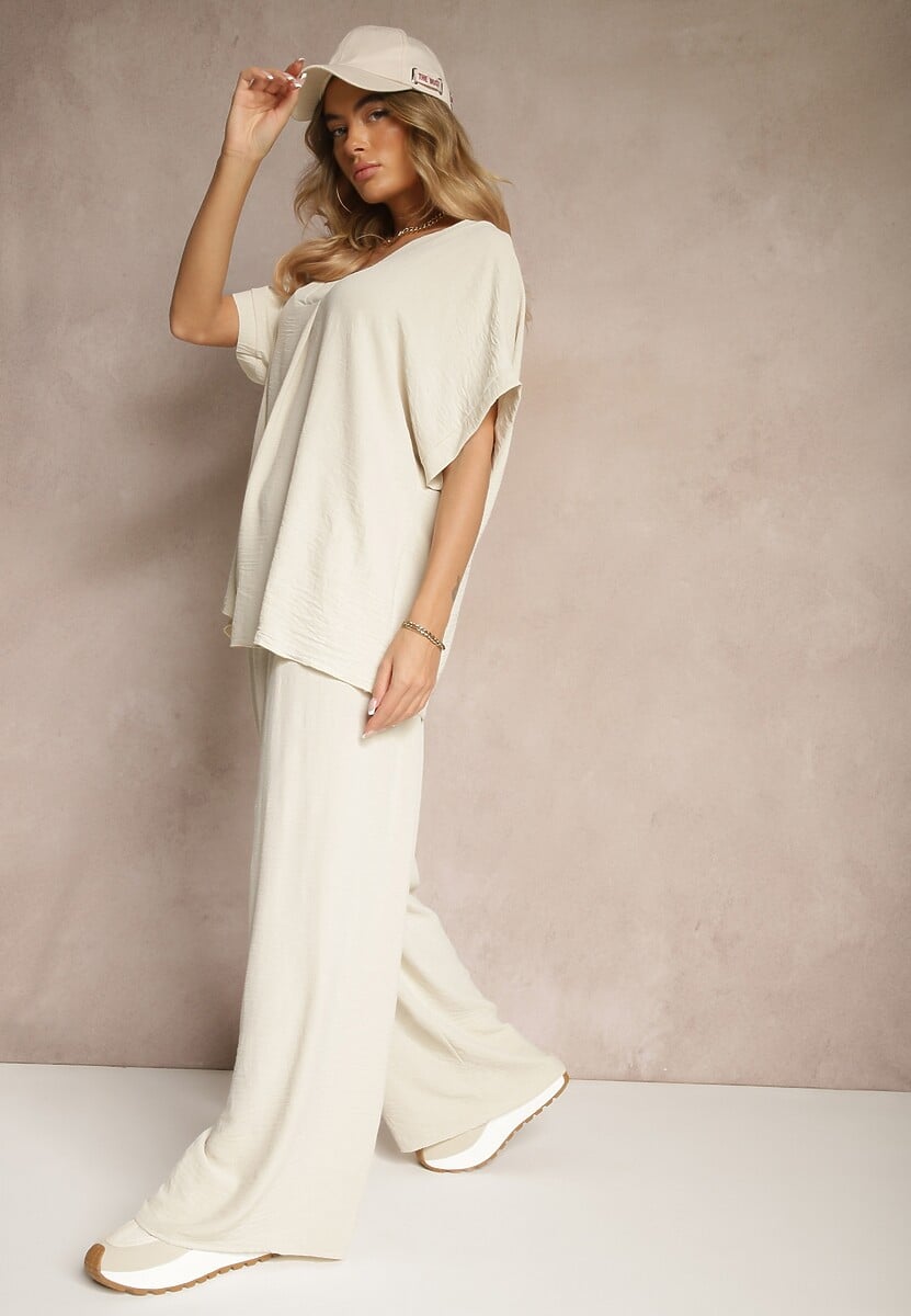 Ciemnobeżowy Bawełniany Komplet Spodnie o Szerokim Kroju i T-shirt Oversize Seltebis