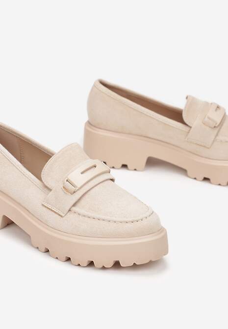 Beżowe Mokasyny na Grubej Podeszwie z Cholewką z Przeszyciami Hamaira