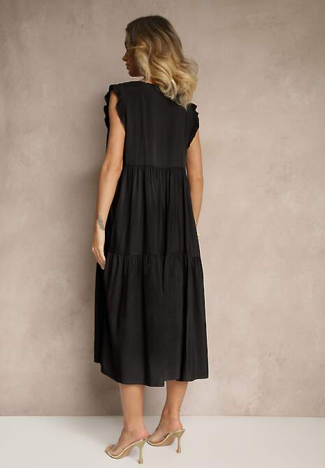 Czarna Sukienka z Bawełny z Falbankami Hirlio