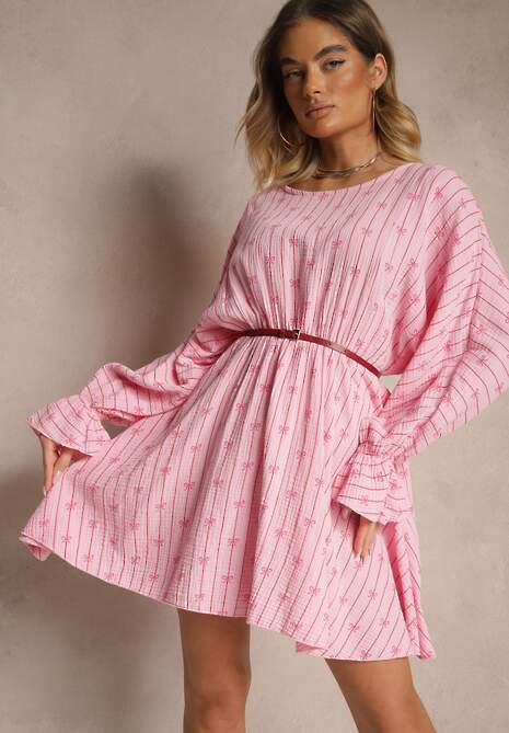 Fuksjowa Sukienka z Bawełny ze Wzorem Kokardek i Pasków Avelriti