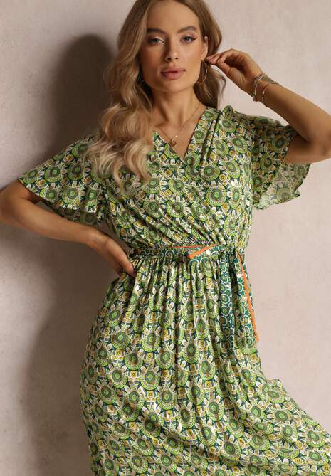 Zielona Sukienka Maxi z Paskiem i Gumką w Talii w Ornamentalny Wzór Calvim