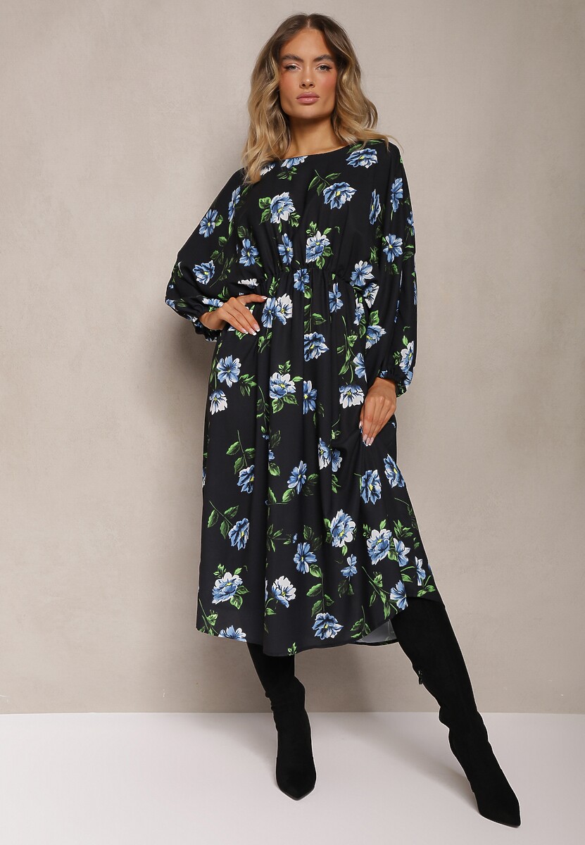 Czarno-Niebieska Midi Sukienka w Kwiaty o Rozkloszowanym Kroju z Rękawami Nietoperz Jervia