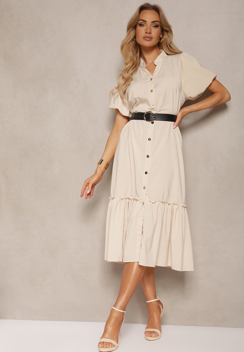 Biała Rozkloszowana Sukienka Zapinana na Guziki z Paskiem z Ekoskóry i Krótkim Rękawem Wontia
