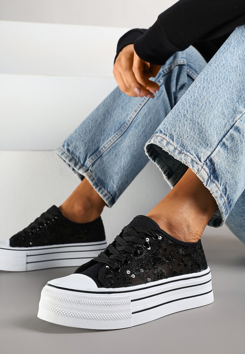 Czarne Trampki Vices z Siateczki z Cekinami na Grubej Podeszwie Telanila