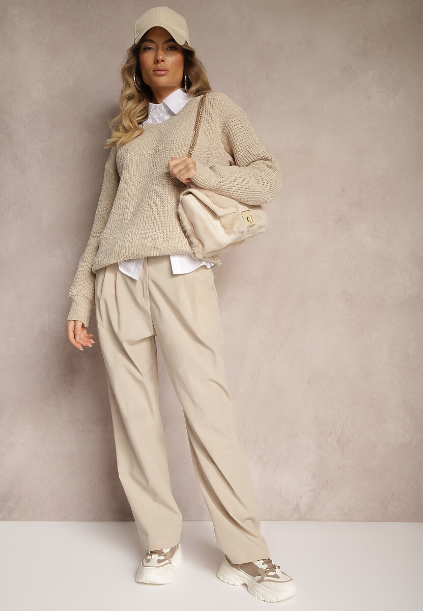 Zielone Bawełniane Spodnie Garniturowe z Szerokimi Nogawkami Befia