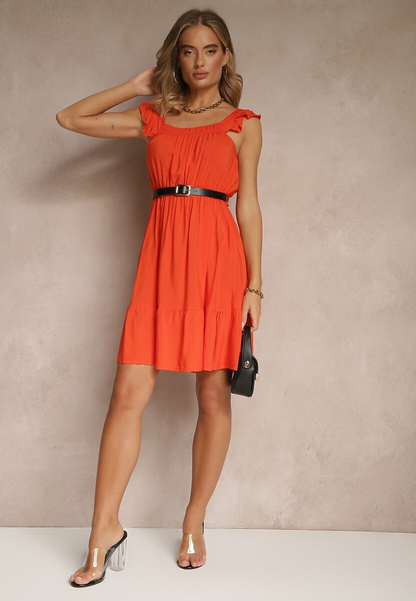 Pomarańczowa Rozkloszowana Sukienka z Wiskozą z Gumką w Talii Lirandine