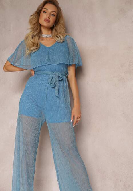 Niebieski Kombinezon z Szerokimi Nogawkami i Ozdobną Narzutką Phedia