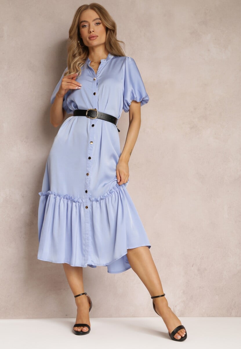 Niebieska Sukienka Midi z Ozdobną Falbanką i Dodatkowym Paskiem z Imitacji Skóry Charlotona
