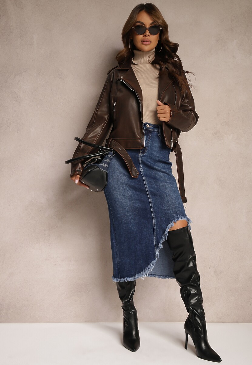 Granatowa Spódnica Jeansowa Midi z Wystrzępionym Rozcięciem Catreena