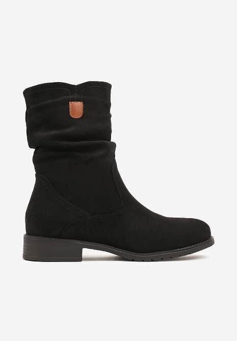 Czarne Botki  do Połowy Łydki z Imitacji Zamszu i Marszczoną Cholewką Alemiphae