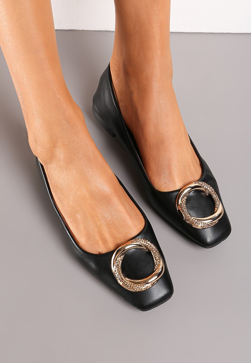 Ciemnobeżowe Balerinki z Okrągłą Klamrą z Cyrkoniami na Kwadratowym Nosku Nallire