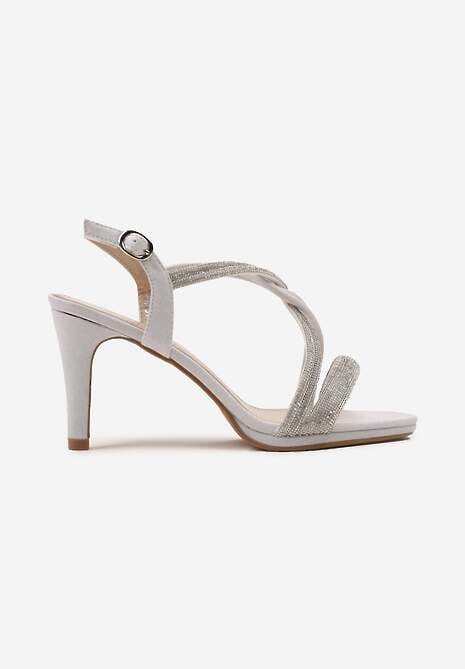 Białe Brokatowe Sandały na Szpilce ze Wstawkami z Cyrkonii Malindea